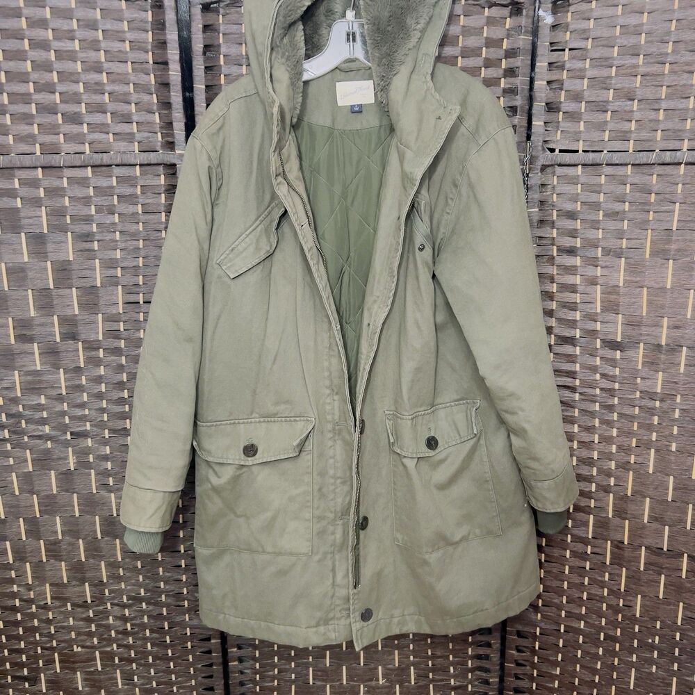 Universal Thread Olive Hooded Parka Jacket Mid-Length Button / Zip Size Med